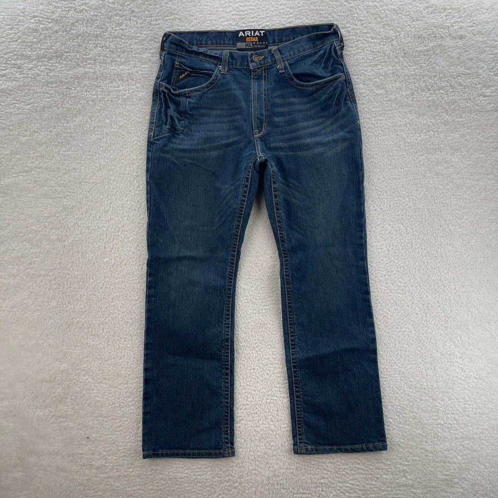 Ariat Jeans Mens 35x32 Blue Rebar M4 Low Rise Boot Cut Stretch Workwear Denim